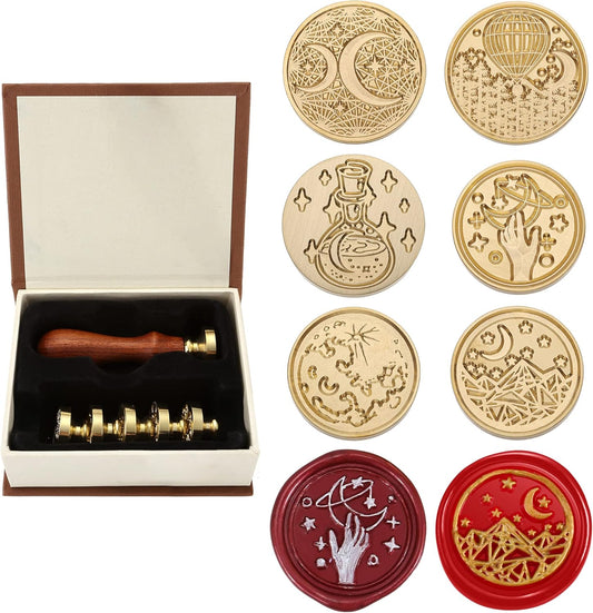 Yoption 6 Pcs Wax Seal Stamp Set, Vintage Moon and Star Sealing Wax Stamps Kit, Wooden Handle with Brass Head for Wedding Christmas Invitation Gift Cards