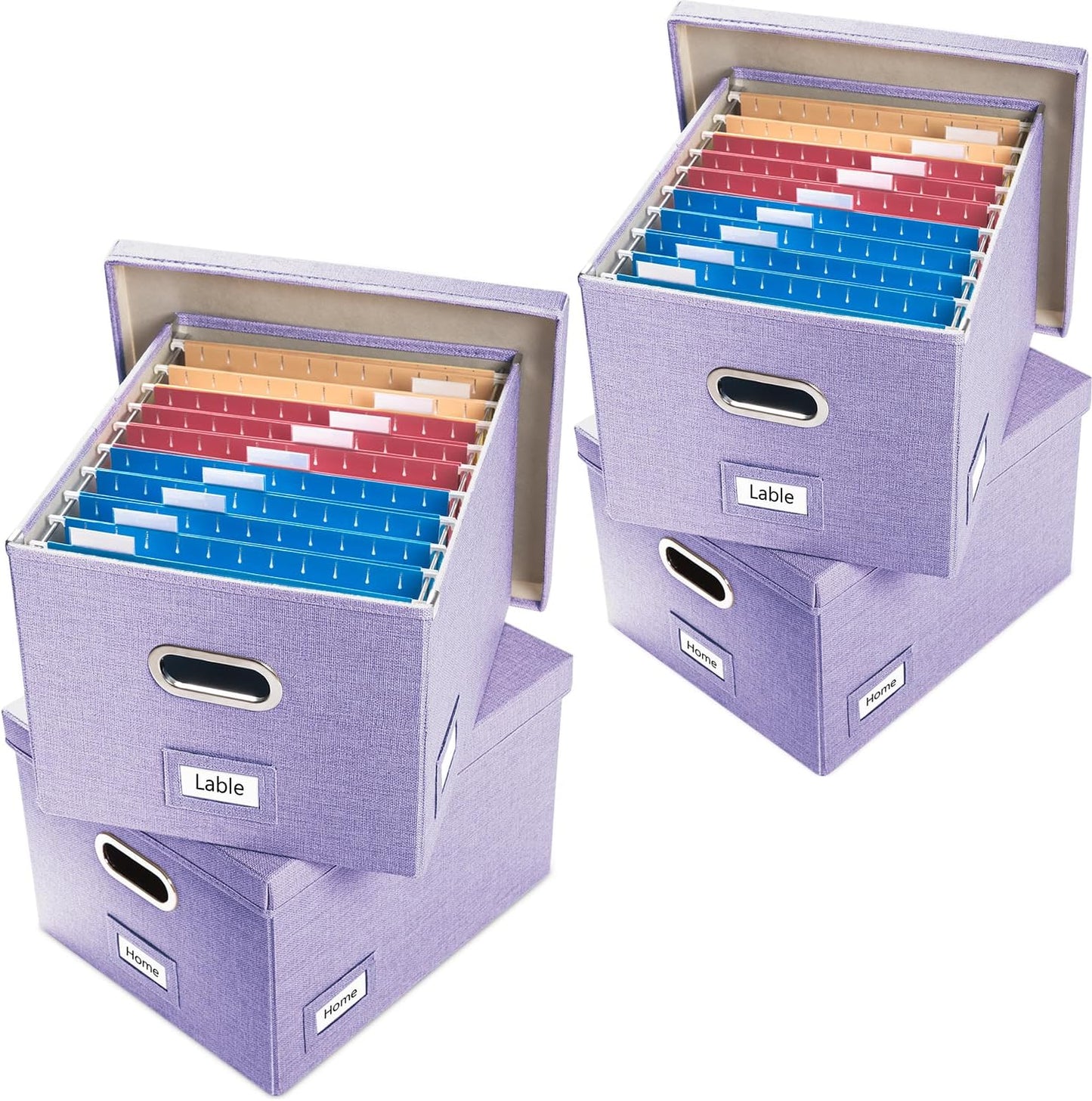 PRANDOM File Organizer Box - Set of 4 Collapsible Decorative Linen Filing Storage Hanging File Folders with Lids Office Cabinet Letter/Legal Size Purple 17.1x14x11.1 inch