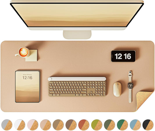 YSAGi Double-Sided Desk Pad, 35.4"x17"Leather Desk Mat, Eco Cork Desk Pad Protector,Large Mouse Pad,Waterproof Desk Blotter for Office/Home(Apricot)
