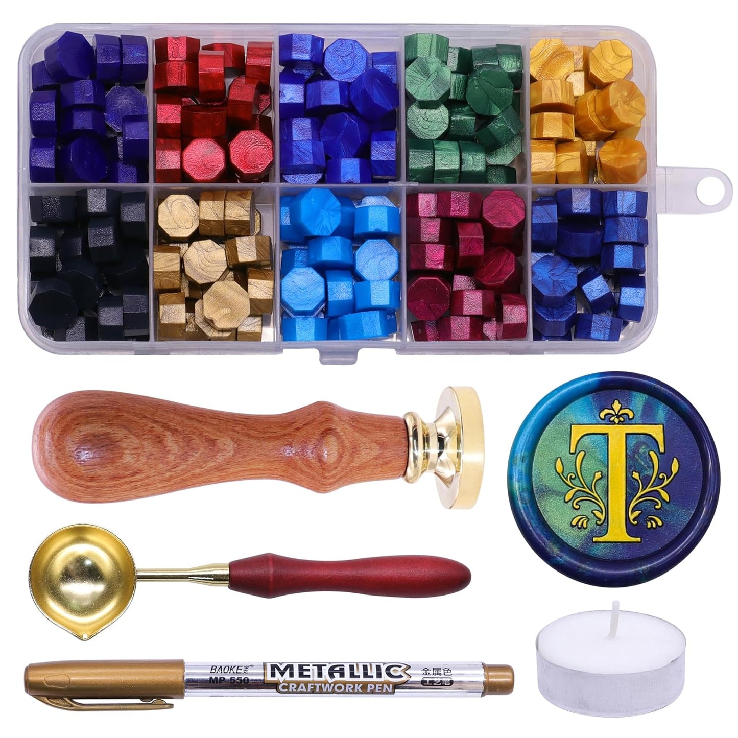 SWANGSA Initial Alphabet T Wax Seal Stamp Kit, Classic Retro Letter Sealing Stamp with 200pcs Sealing Wax Beads Kit for Wedding Invitations Cards Envelopes (T)