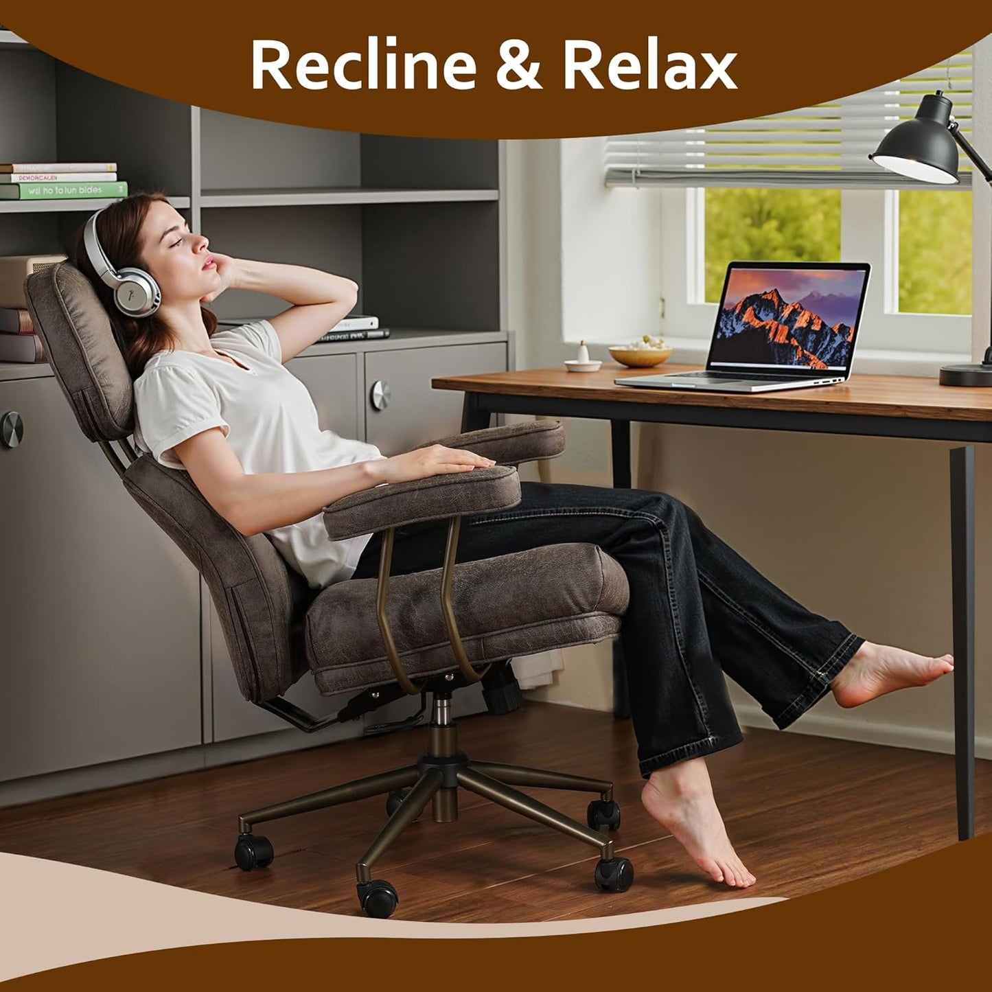 Faux Leather Executive Office Chair - Big and Tall Ergonomic Home Office Chair,Reclining Computer Desk Chairs with Lumbar Support,Adjustable Task Swivel Rolling PC with Wheels,Grey,Suede