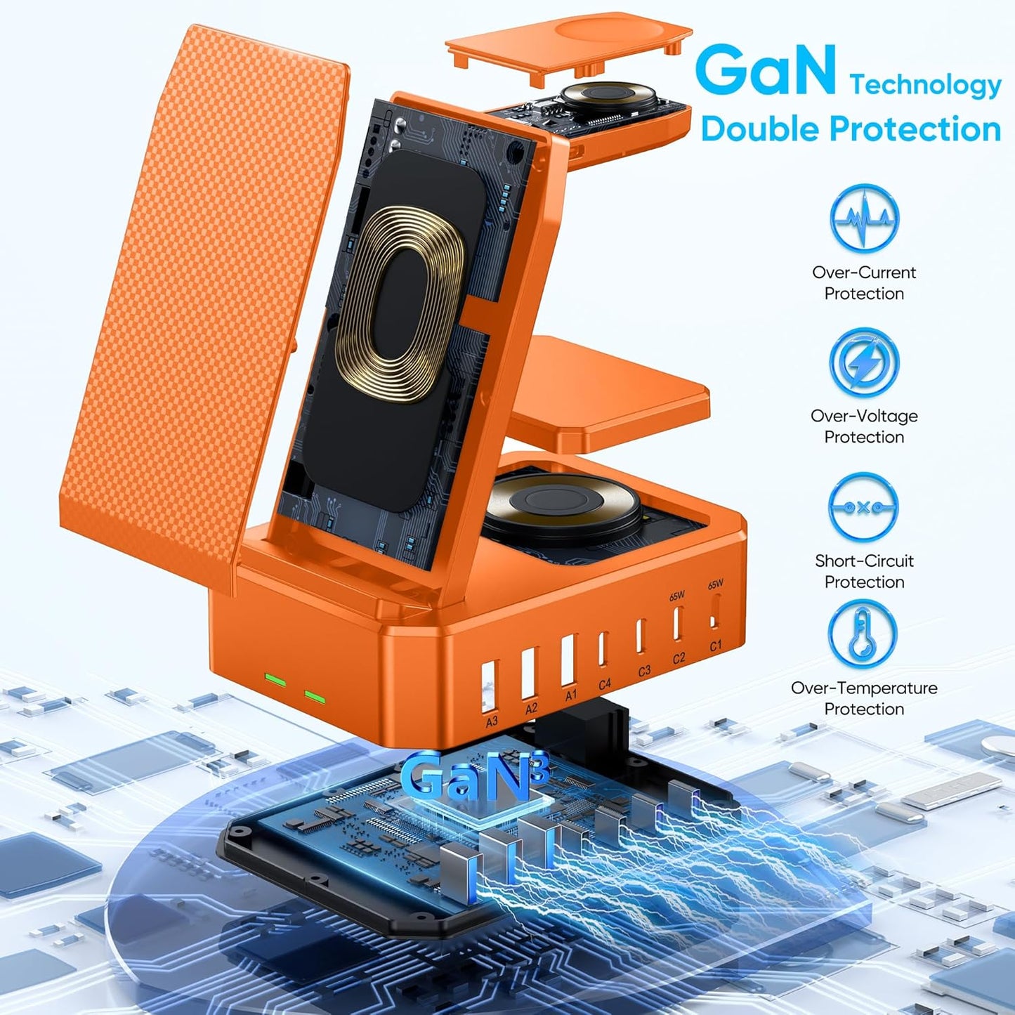 300W Charging Station for Multiple Devices Apple, Zutspzss 10 in 1 Wireless Charger for iPhone 16, GaN III USB C 65W PD Fast Charging Stand Dock for MacBook, Apple Watch&Airpods,Orange