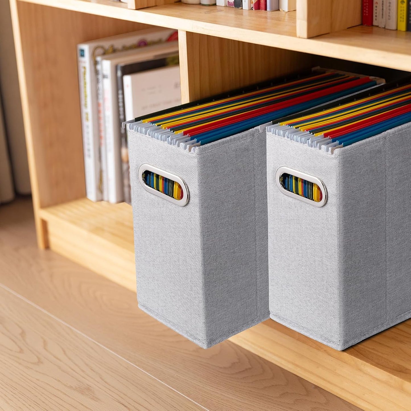 4 Packs Letter Size File Organizer, File Folders Organizer, Fabric Storage Box, Collapsible Paper Organizer with Metal Handle, Smooth PVC Rails, Only Box (Light Gray)