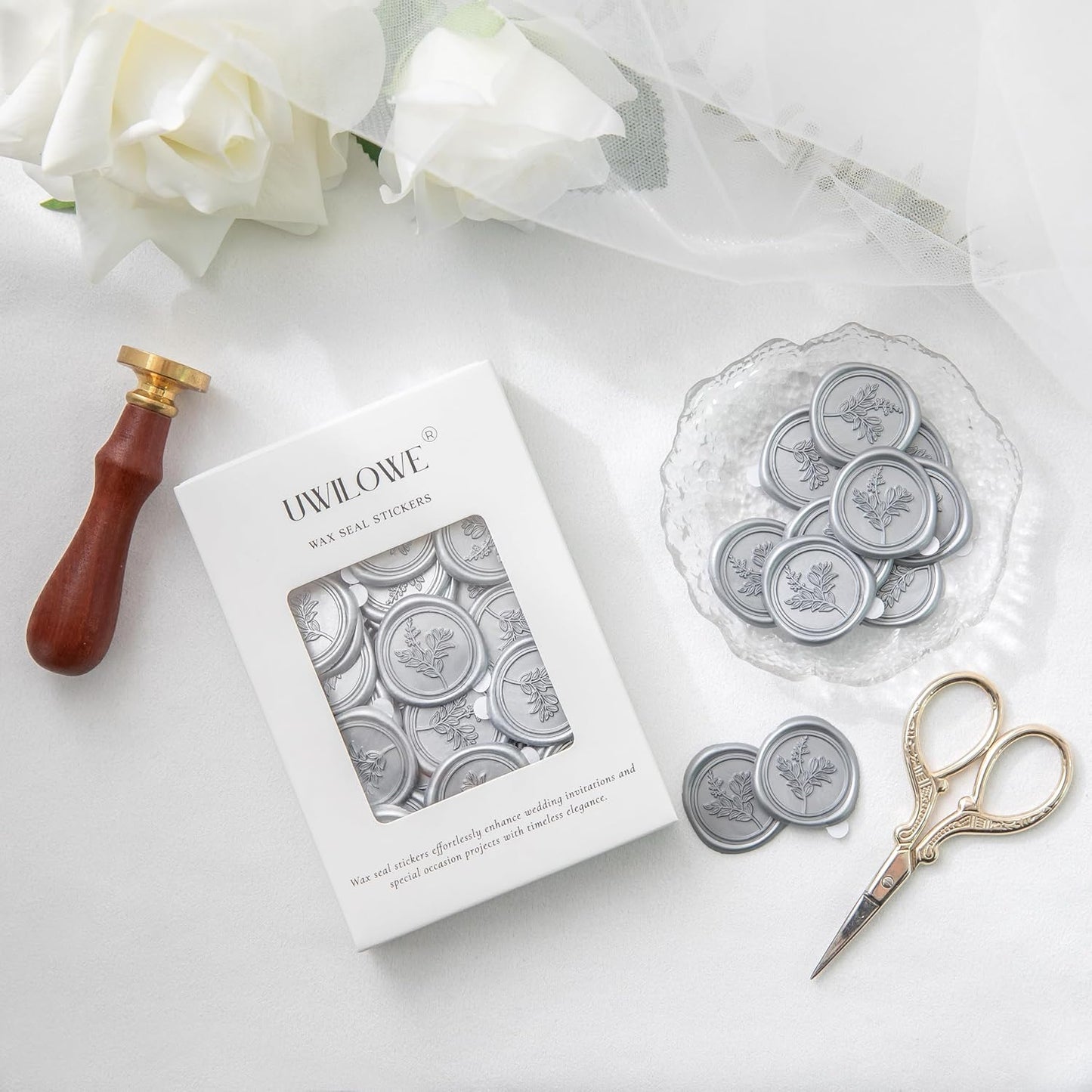 60 Pcs Silver Wax Seal Stickers, Wedding Invitation Accessories Envelope Stickers - Peferct for Wedding Accessories, Gift Box Craft Wrapping, Christmas Cards Envelope Seals