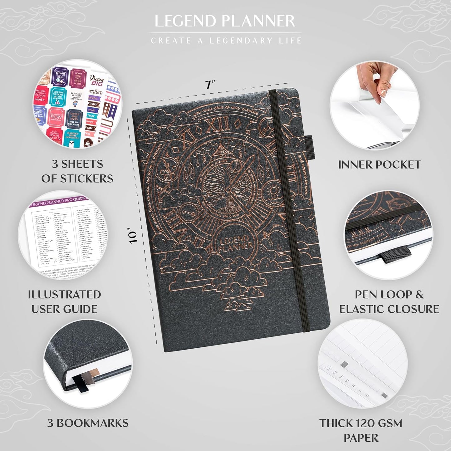 Legend Planner PRO – Deluxe Weekly & Monthly Life Planner to Increase Productivity and Hit Your Goals. Time Management Organizer Notebook – Undated – 7 x 10" Hardcover + Stickers – Mystic Gray