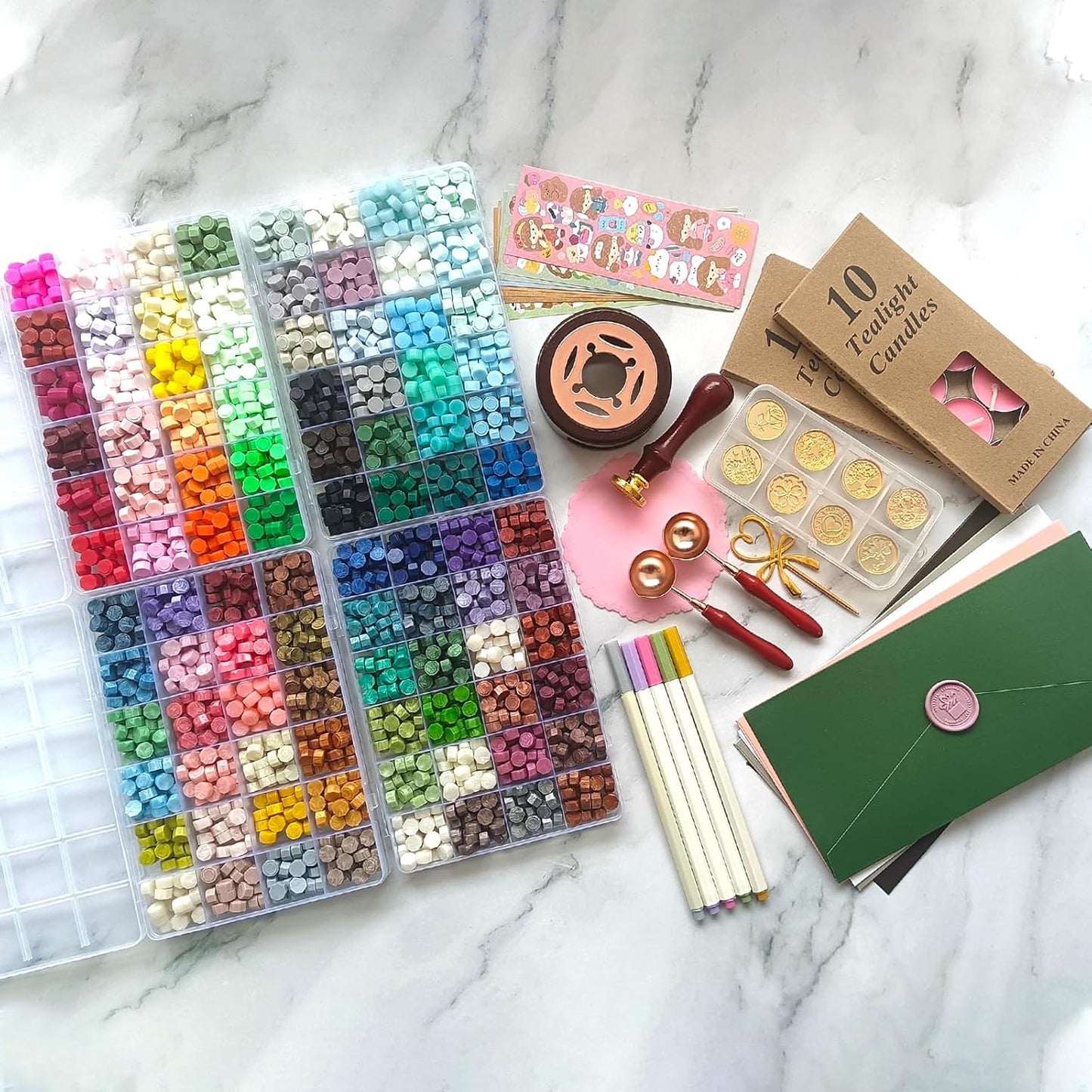 96 Colors Wax Seal Stamp Kit,2400Pcs Sealing Beads,All in one Wax Seal Kit with Sealing Stamps, Warmer,Spoon,Envelopes,Candles,Metallic Pen,for Wedding Invitations Wrapping Christmas Letters