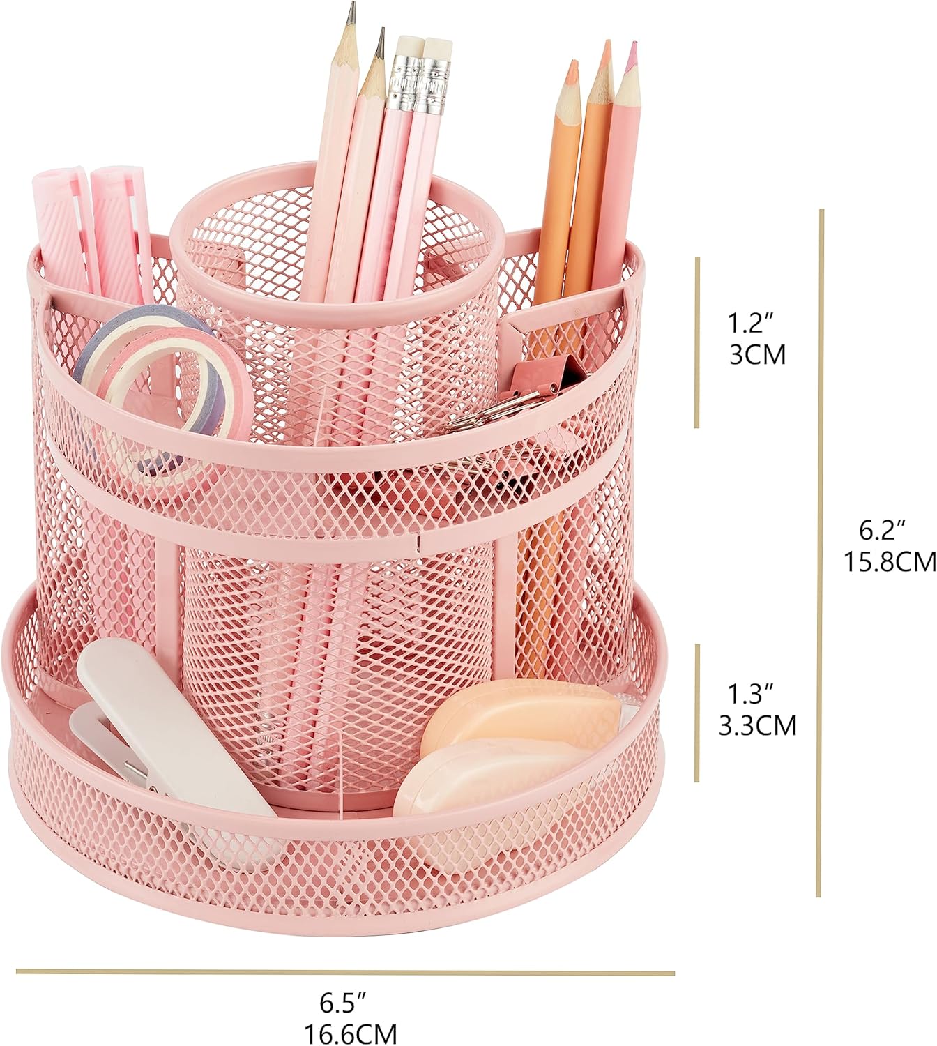 Annova Mesh Desk Organizer Rotate with 5 Compartments Round Spinning Tidy Candy/Pen Holder Desk Accessories Office, Art Supply, Storage, Classroom, Home (Light Pink)