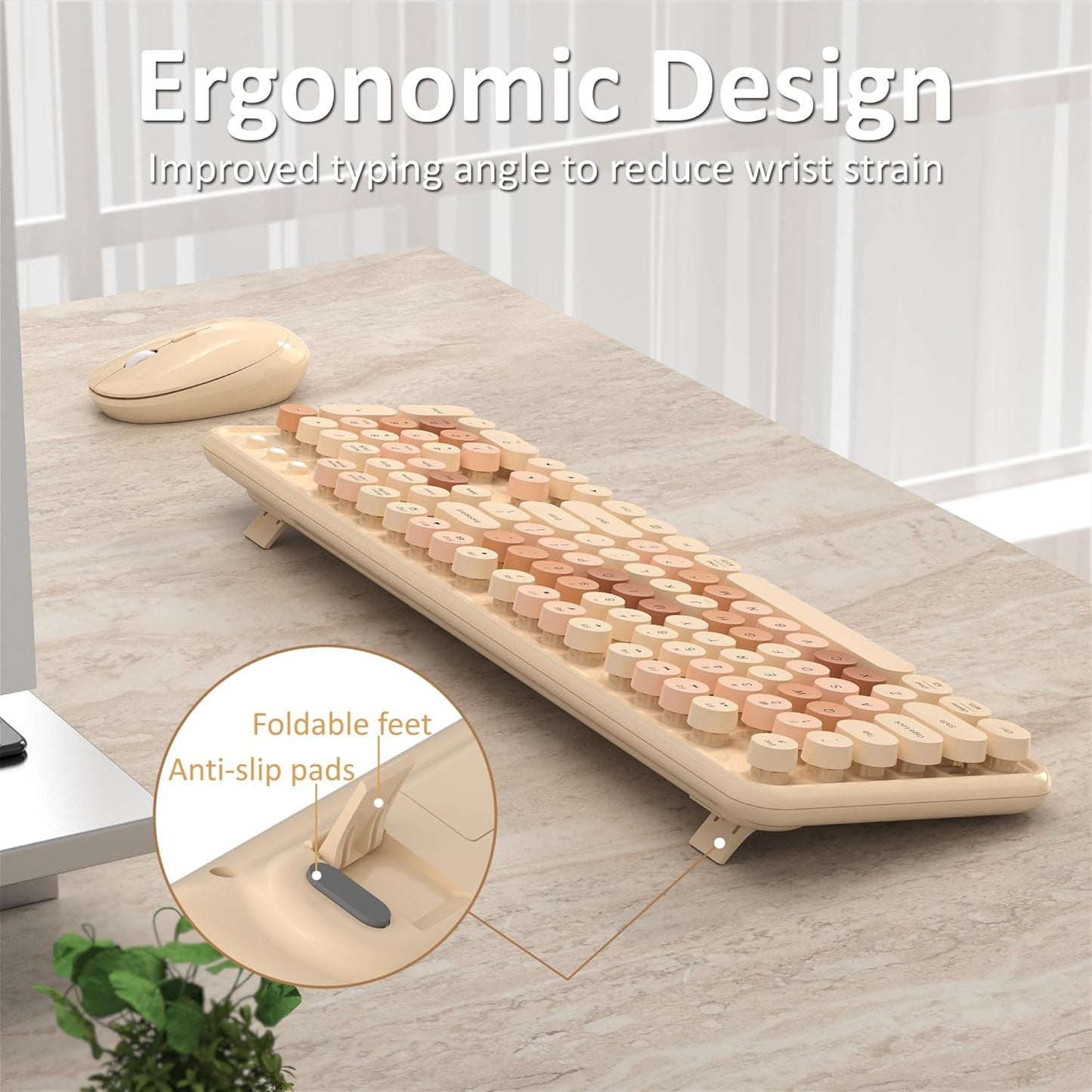 Wireless Keyboard and Mouse, Full-Size Retro Typewriter Keyboard with Round Keycaps, 2.4GHz for Windows, Mac, Laptop, PC, Desktop (Milky Tea Colorful)