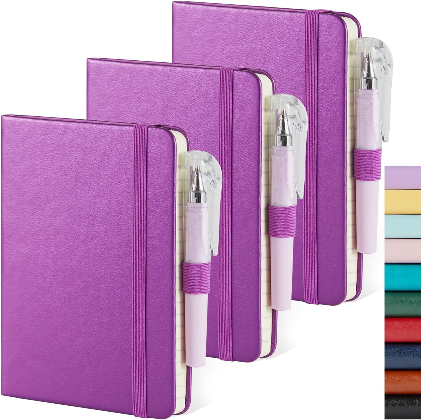 (3 Pack) Pocket Journal Notebook, Small Mini Notepad with Pens for Work, hardcover A6 Notebook 3.7" x 5.7" College Ruled with 100Gsm Premium Lined Paper, Pearlescent Purple