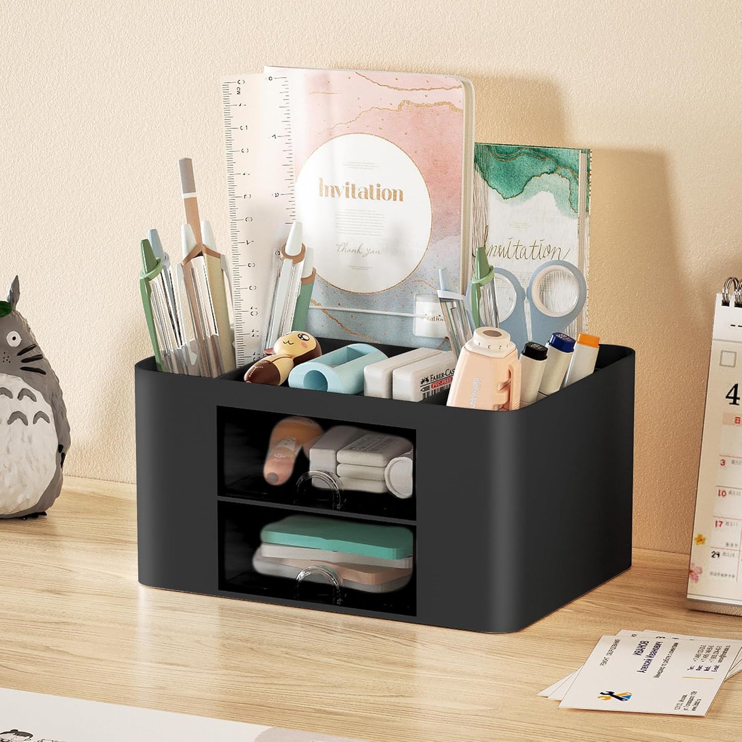 Marbrasse Pen Organizer with 2 Drawer, Multi-Functional Pencil Holder for Desk, Desk Organizers and Accessories with 5 Compartments + Drawer for Office Art Supplies (Black)