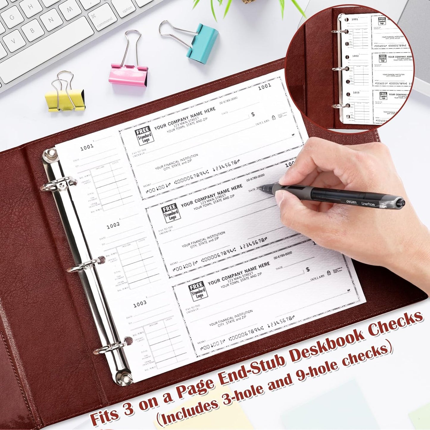 9" x11 1/4" PU Leather 3 Rings Personal Checks Binder for End-Stub Deskbook 3-Ring Binders for Desk Check fit 3 & 9 Holes Checkbook Binder Cover for Business Finances (Not Fit 7 Holes,Light Brown)