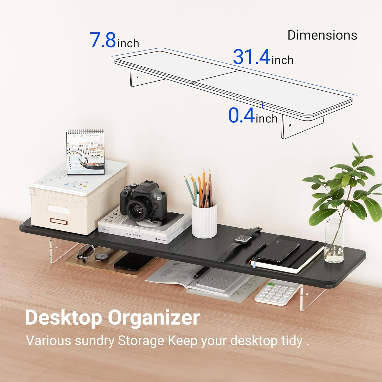 Monitor Stand Riser,31.5-Inch LED Light Wood Computer Monitor Stand with Adjustable Acrylic Legs,Desk Accessories Desktop Organizer Stand for Computer,Laptop,Printer,PC TV Screen Riser，Black