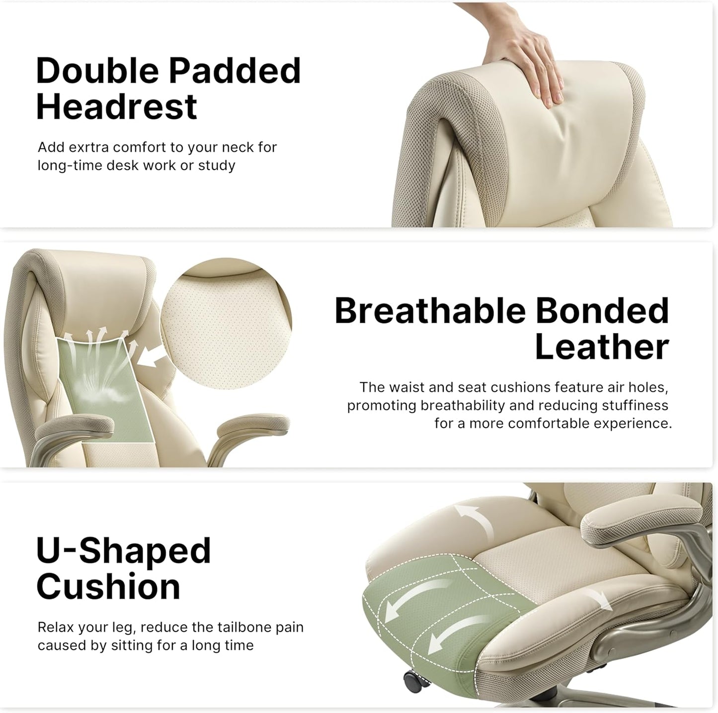 EUREKA ERGONOMIC Executive Office Chair Flip Up Arm Rest, Ergonomic Desk Chair Faux Leather Computer Chair, High Back Office Chair with Headrest, Home Office Desk Chairs with Wheels, Beige