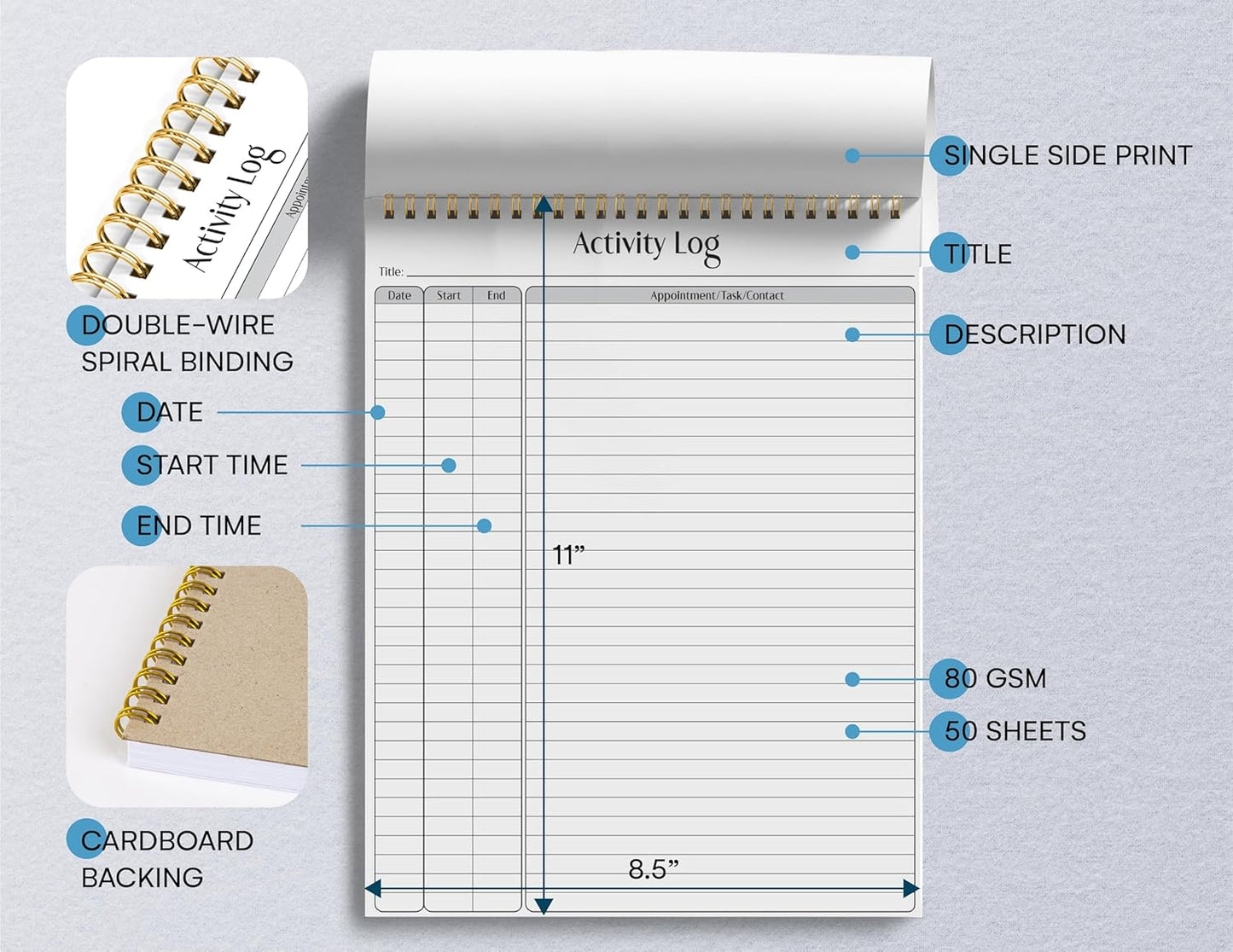 Better Office Products Activity Log Notepad, 8.5" x 11", Planning Note Pad, 50 Sheets, Double-Wire Spiral, Daily Time Tracking Productivity Checklist Organizer,(1 Pack)