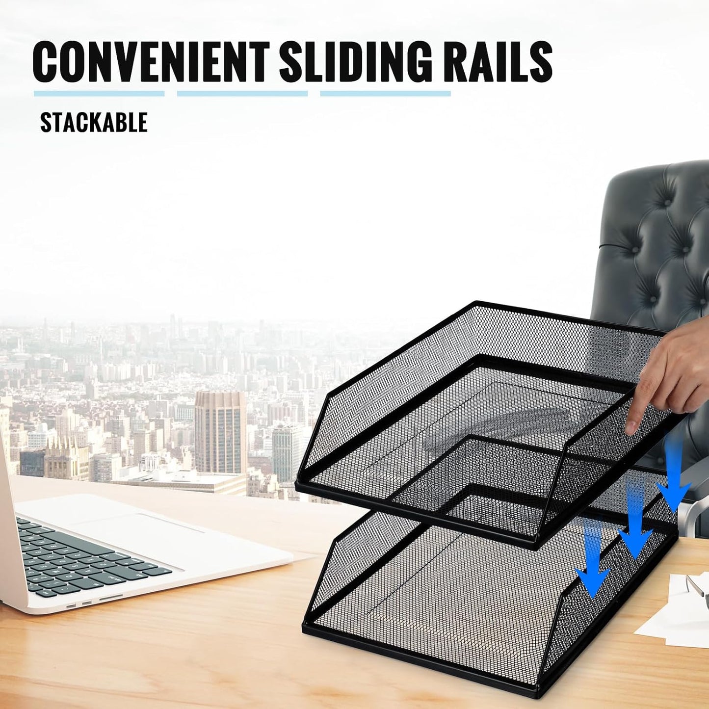 Hicarer 4 Pcs Black Metal Letter Tray Stackable Desk Tray Single Wire Mesh Organizer Front Load File Paper Holder for Desktop Office Home School Classroom (12.8 x 9.84 Inch)