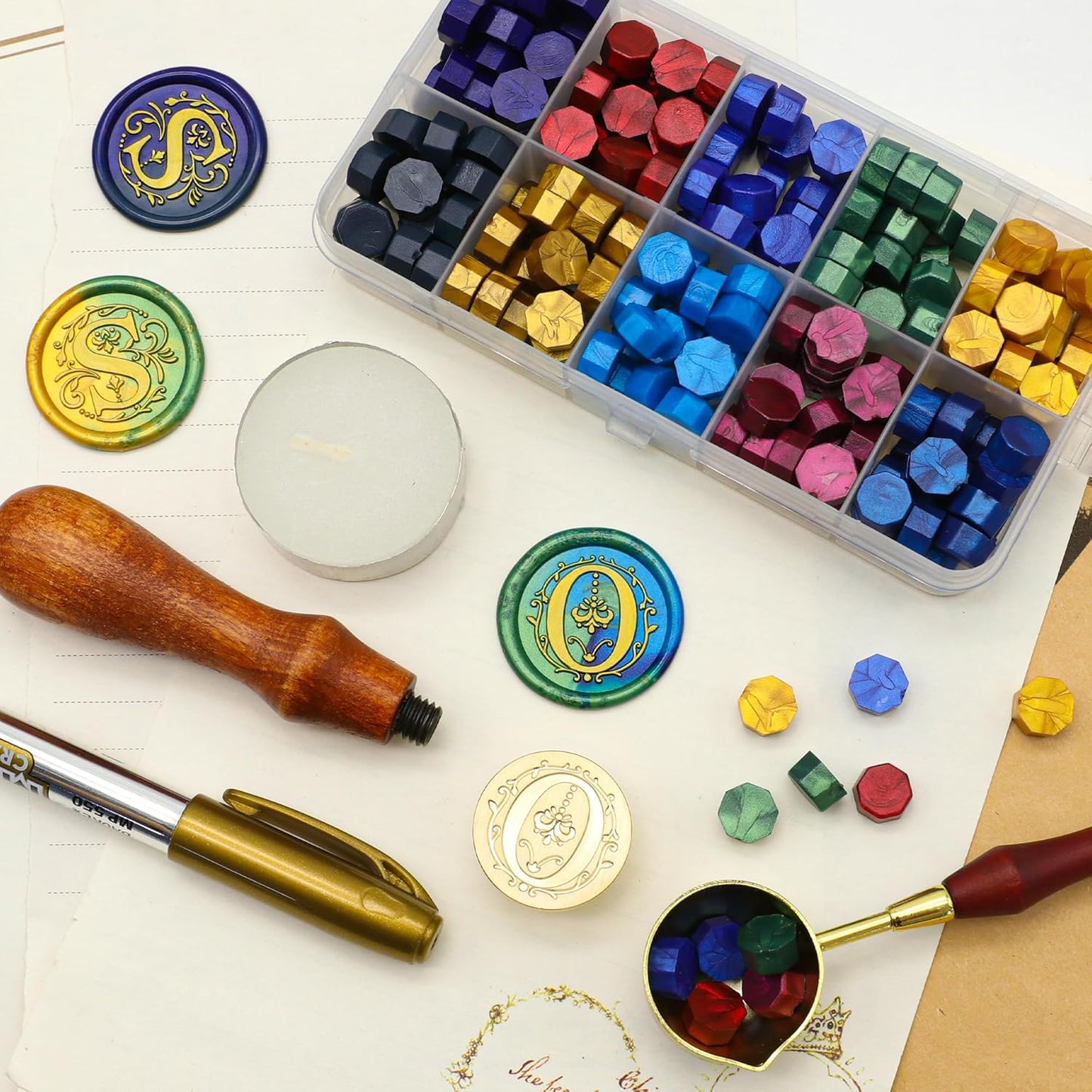 SWANGSA Initial Alphabet O Wax Seal Stamp Kit, Classic Retro Letter Sealing Stamp with 200pcs Sealing Wax Beads Kit for Wedding Invitations Cards Envelopes (O)