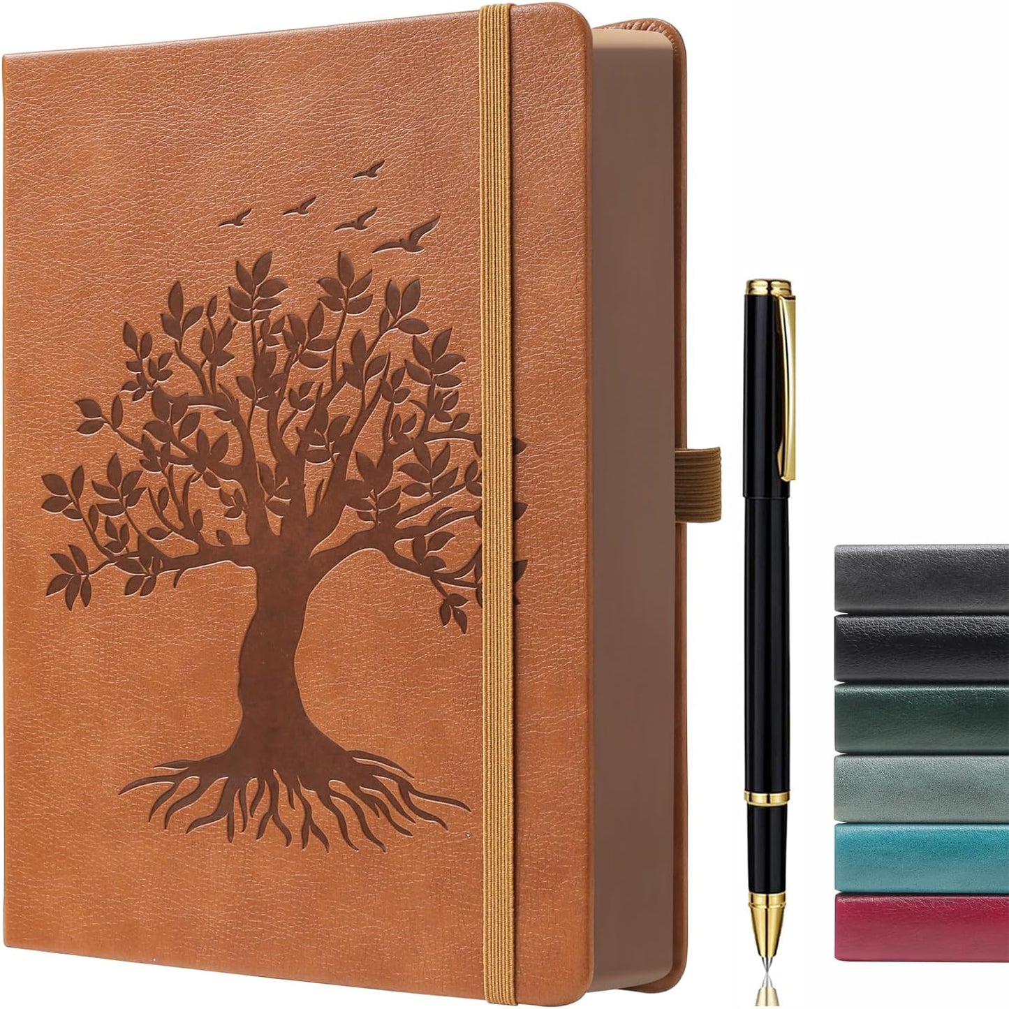 ZXHQ B5 360 Pages Lined Journaling Notebooks with Pen, Journals for Women Men Writing Notebook, Tree of Life Design, Brown Edge, Fine Inner Pocket - Light Brown