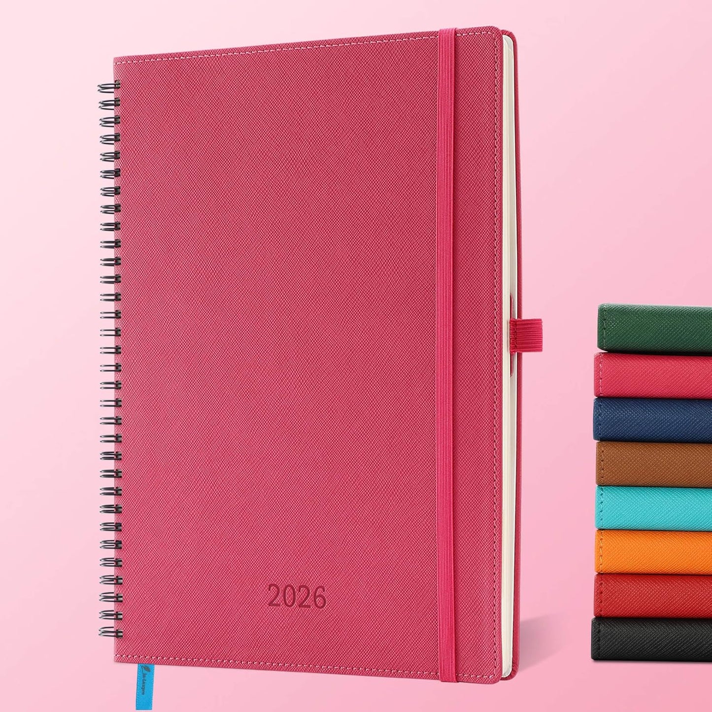 IN-LUXPRO Planner 2026 Daily Weekly and Monthly,11.5"x8.5",12 Months Spiral Bound Calendar Agenda with Self-adhesive Pen Holder,2026 Appointment Book with Vegan Leather Soft Cover,Rose Red