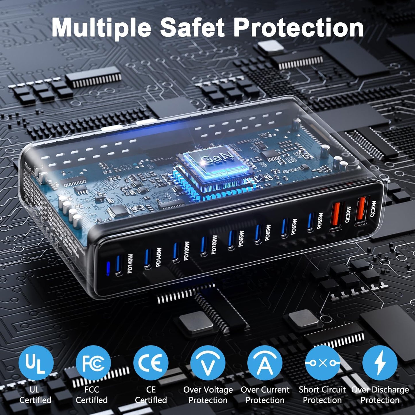 USB C Charger Station 800W GaN USB C Charging Block, 10-Port Fast Charger Hub with Multiple Power Outputs, Compatible with Laptop, MacBook, iPad, iPhone 16/17/15/14/13/Pro Max, Samsung Galaxy S24 S23