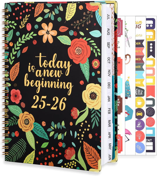 2025-2026 Academic Planner, A5 (6.5" x 8.5") Weekly and Monthly Planner, July 2025 -June 2026, Calendar Planner with Tabs, Inner Pocket for Home School Office Supplies, Black Flower