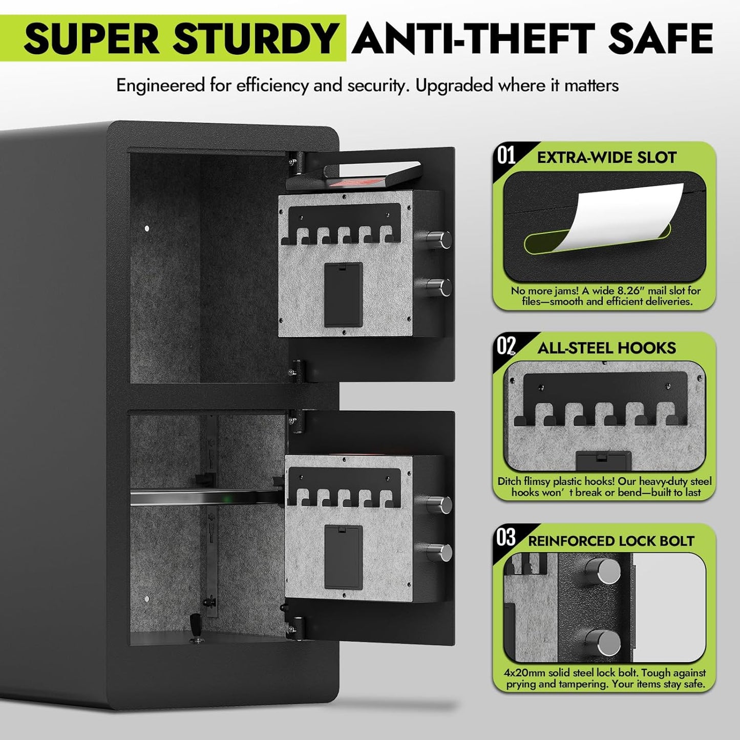 Heavy Duty Dual Door Safe Box, Extra Large Waterproof with Hidden Lock Box, Removable Shelves & Free Fireproof Bag for Home, Office, Jewelry, Documents (7.0 Cuft Double Door Safe)