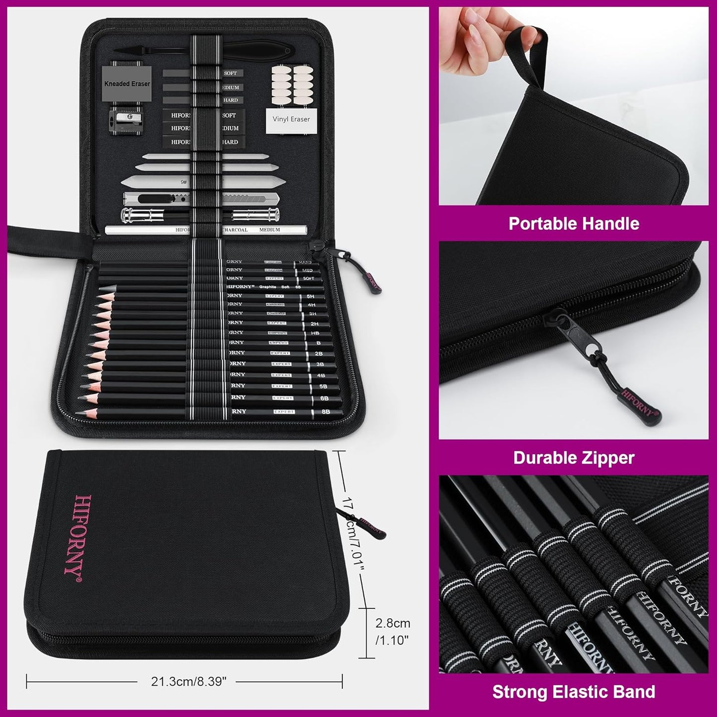 HIFORNY 42 PCS Drawing Set, Sketching Kit with Graphite & Charcoal Pencils, Blending Tools, Erasers & Accessories, Portable Zippered Travel Case for Artists & Beginners