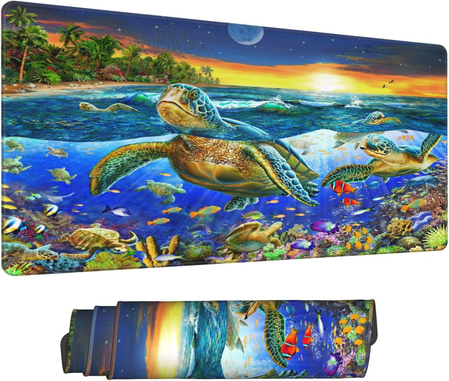 Desk Mat,Sea Turtle Extended Gaming Mouse Pad for Office Work & Game,Computer Keyboard Mouse Mat Desk Non-Slip Rubber Base Large Mousepad with Stitched Edges, 31.5x15.7inch