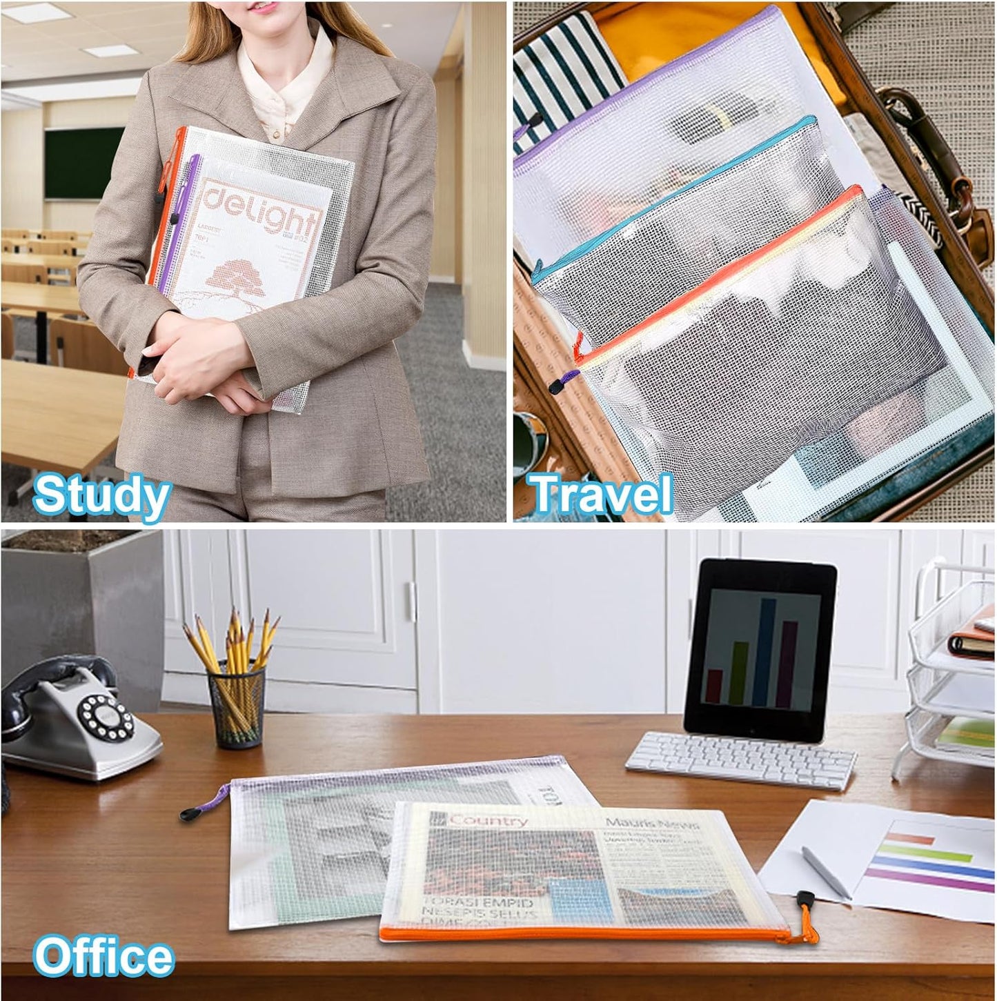 Mesh Zipper Pouch,Waterproof Zipper Bags,18pcs Document Folders,for Puzzle Board Game Storage,for School Office Supplies.