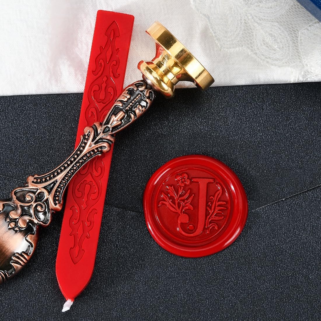 Wax Seal Stamp kit, Envelope Wax Seals DIY Kit - Retro Sealing Wax Candle + Classic Initial Alphabet Seal Wax Seal Stamp Letter J - in Blue Gift Box