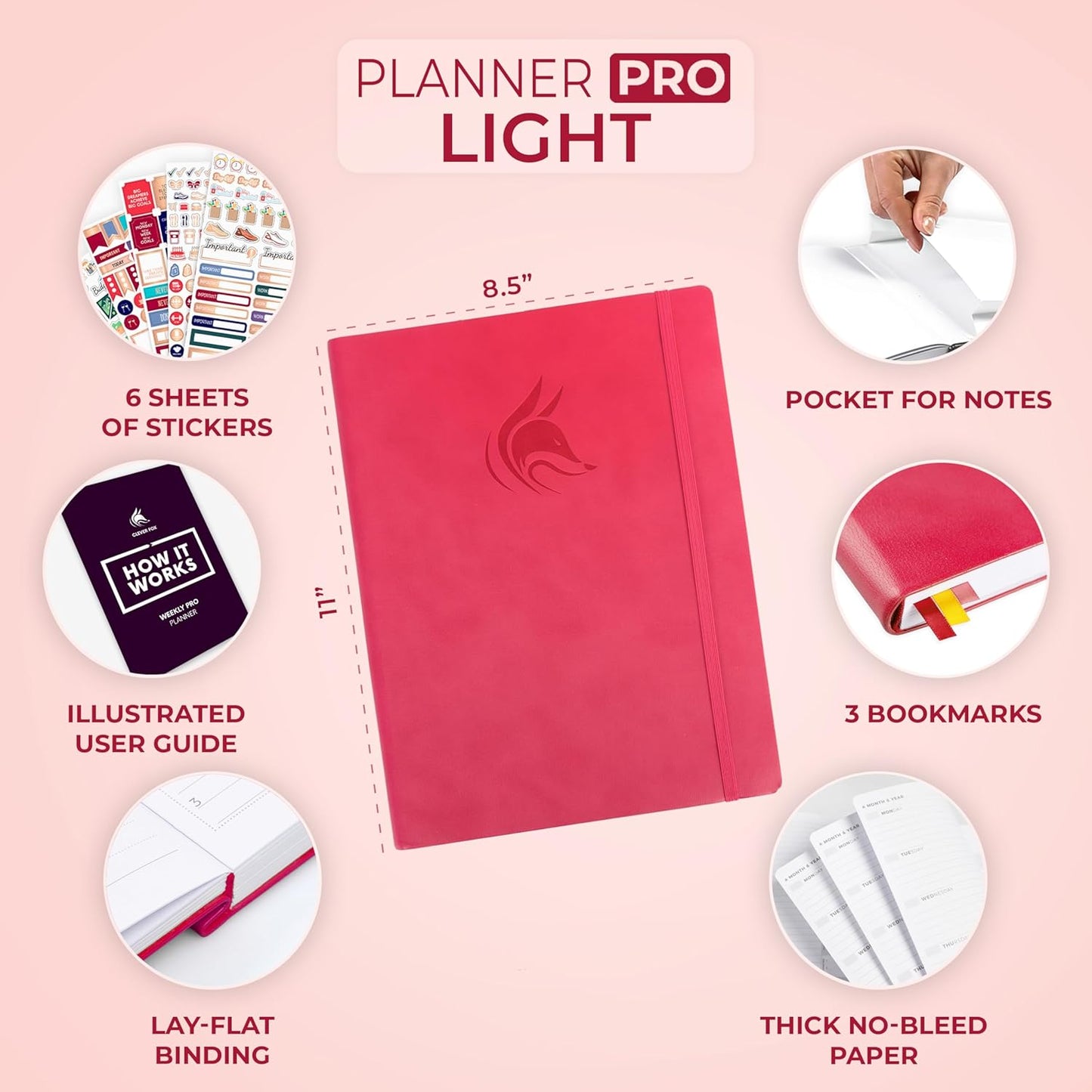 Clever Fox Planner PRO Light – Weekly & Monthly Life Planner to Increase Productivity, Time Management and Hit Your Goals, 8.5x11″ (Dark Pink)