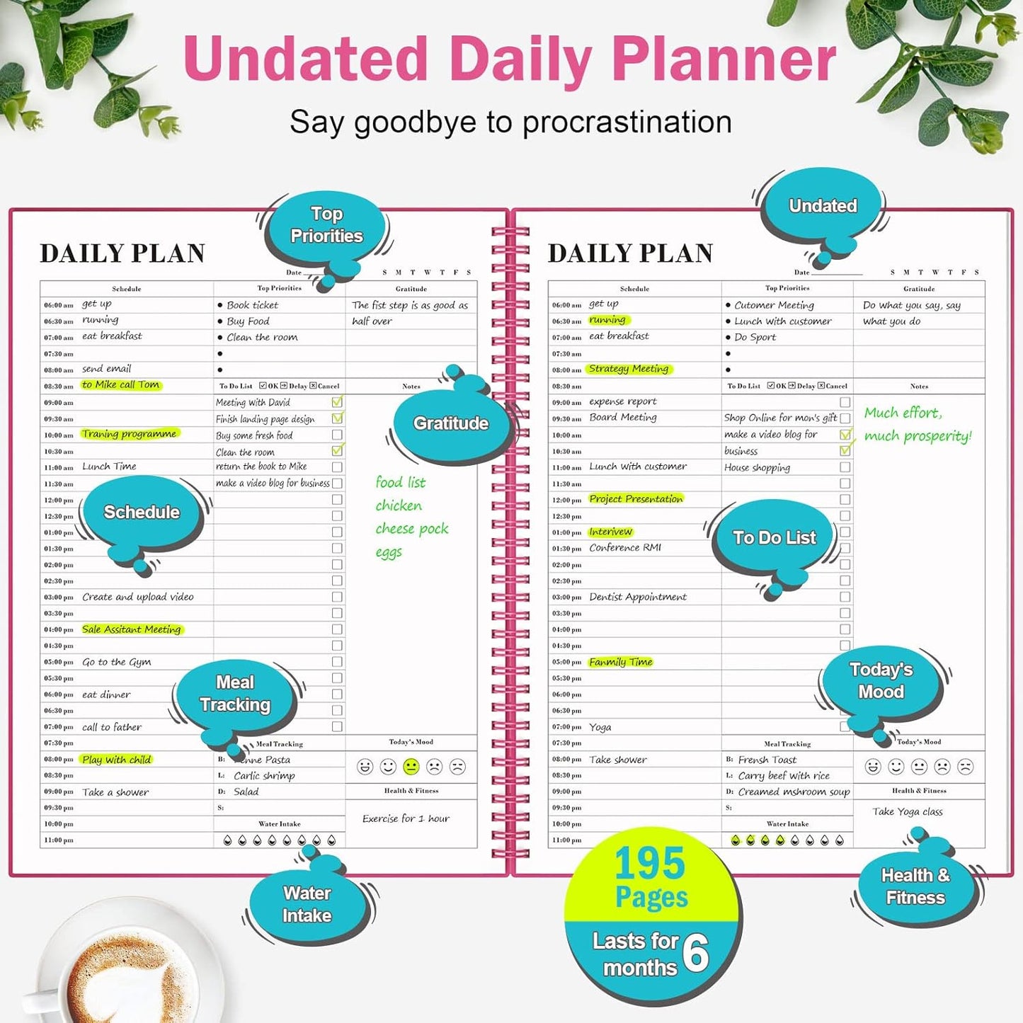 Planner Undated, Asten Daily Planner Agenda with to Do List, Hourly Schedules for Women and Men, Spiral Appointment Book with Elastic Closure, Inner Pocket 8.5" x 11" (Pink)