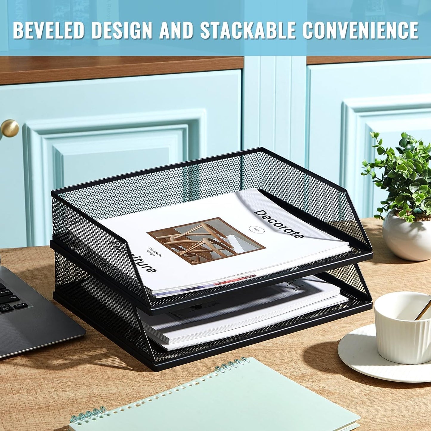 Hicarer 2 Pcs Black Metal Letter Tray Stackable Desk Tray Single Wire Mesh Organizer Front Load File Paper Holder for Desktop Office Home School Classroom (9.84 x 12.8 Inch)