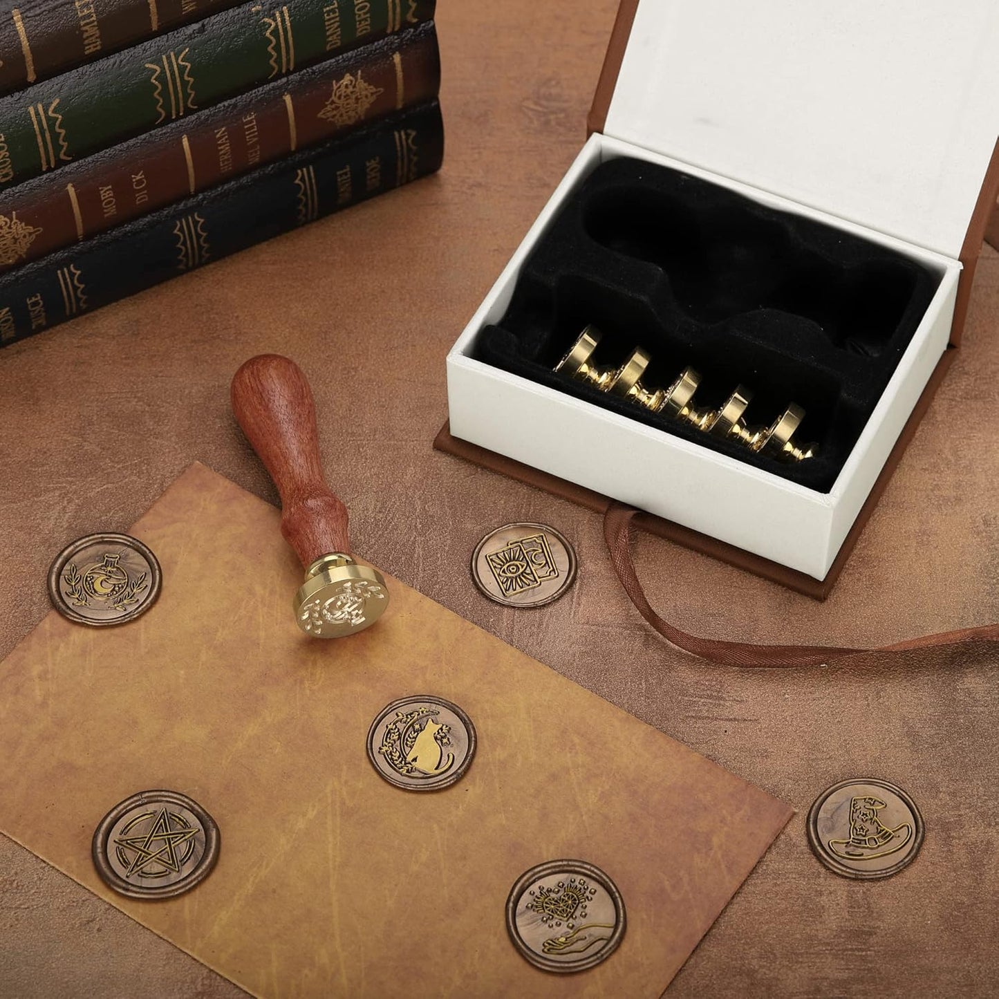 Yoption Wax Seal Stamp Gift Box Set, 6 Pieces Wiccan Copper Sealing Wax Stamp Heads + 1 Wooden Hilt for Invitations Letter Cards Envelopes Witchcraft