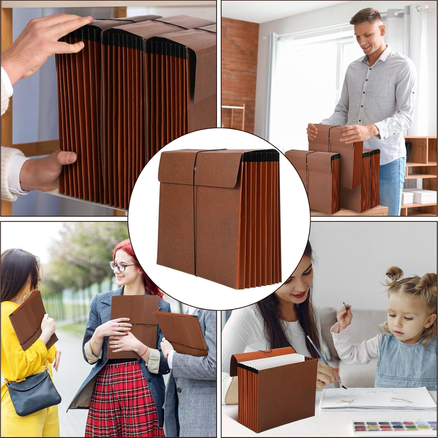 PerKoop 5 Pcs Expanding File Folder with Flap 7 Inch Expansion Expanding File Wallet with Elastic Cord Closure Letter Size Heavy Duty Document Organizer, 10 Slots, Brown