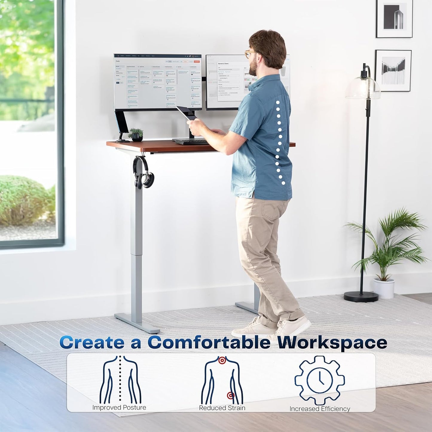 VIVO Electric 43 x 24 in Standing Desk, Memory Height Adjustment, 1B Series, One-Piece Dark Walnut Top, Gray Frame, DESK-KIT-1G4D