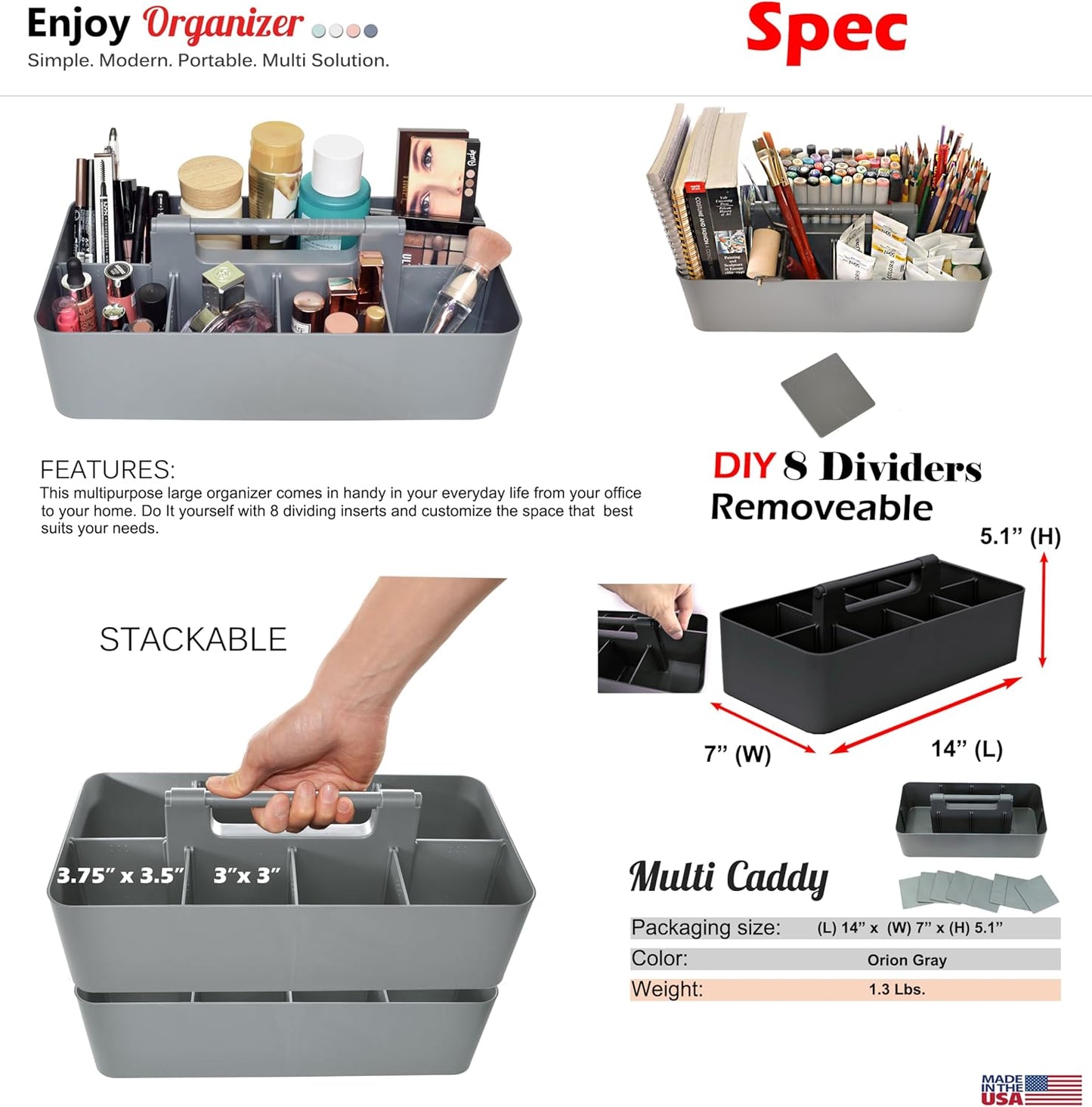 -Large Portable Caddy, DIY Dividers, 8 Compartments, School Office Supplies Home Business Organizer,Portable Basket with Handle Storage Made in USA (6 PACK, Orion Gray)