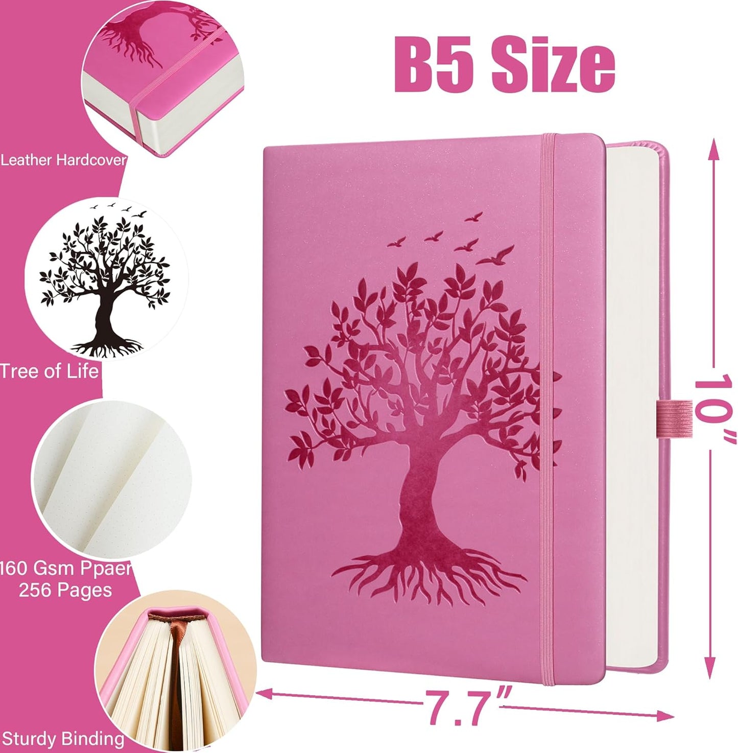 ZXHQ Elegant B5 Dot Grid Journal - 150 GSM Thick Paper 256 Pages Bullet Dotted Journal, Chic Tree of Life Design, Durable Hardcover, Inner Pocket - Pink, 7.7" x 10"