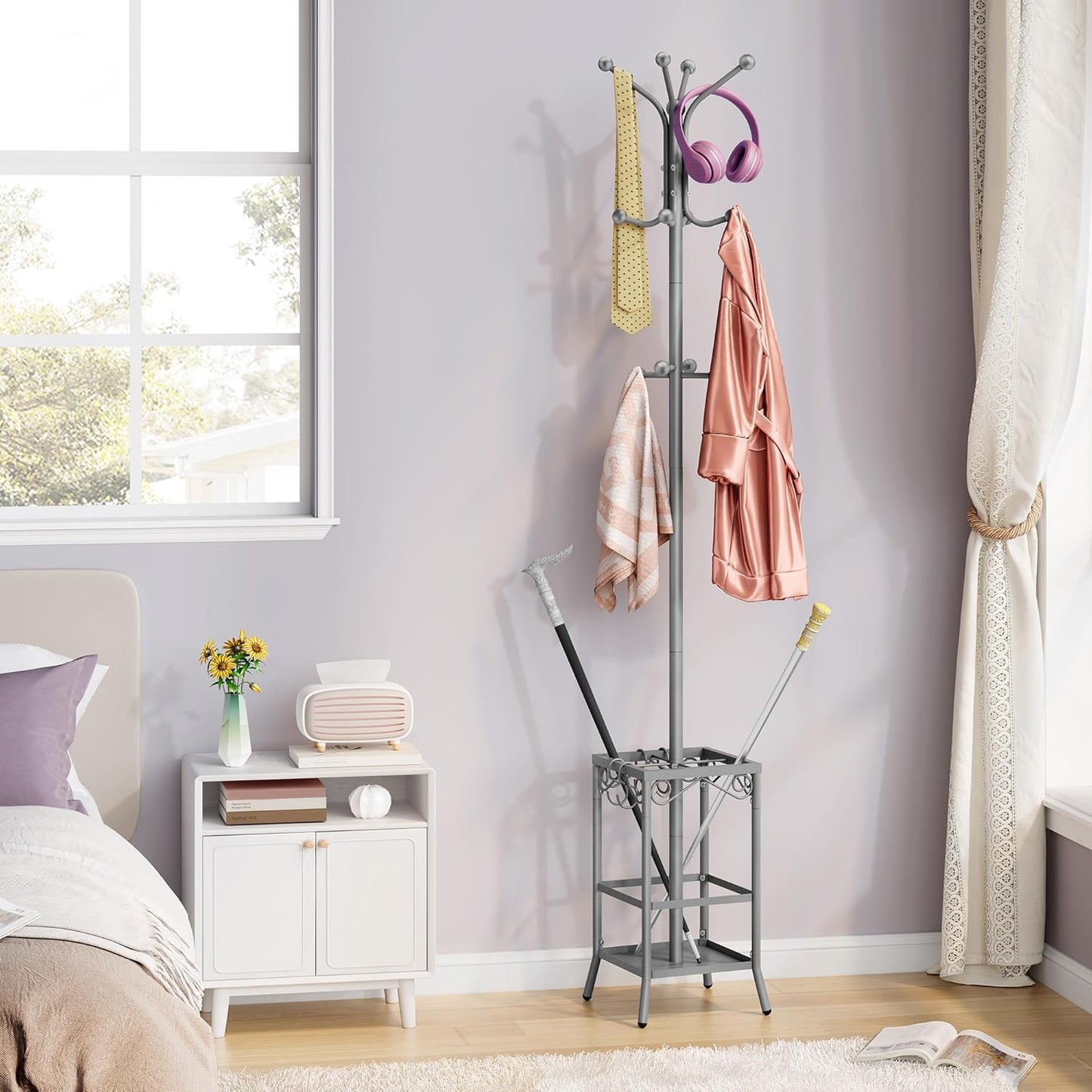 Hoctieon Coat Rack Freestanding With Umbrella Holder, Metal Coat Tree With 12 Hooks, Standing Hanger for Entryway, Hat Rack for Home Office, Gray