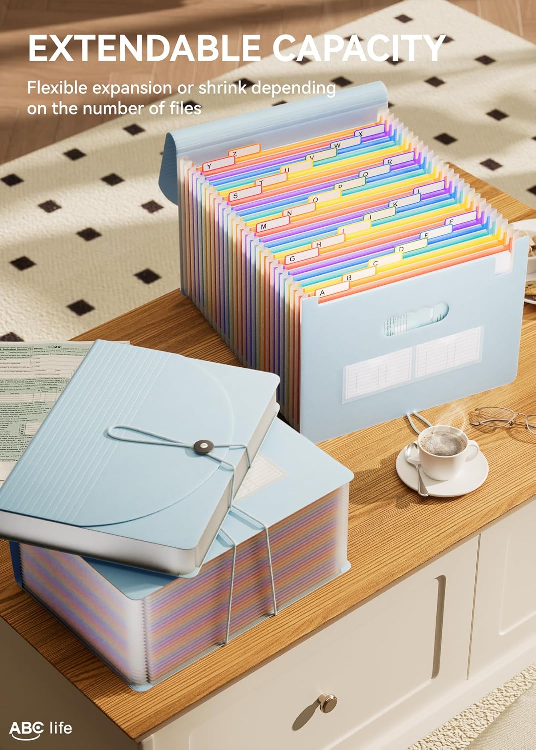 ABC life 26 Pockets Accordian File Organizer Expanding File Folders, Portable Letter A4 Size Filing Box,Plastic Monthly Receipt Document Organizer with Colored Tabs (Light Blue)