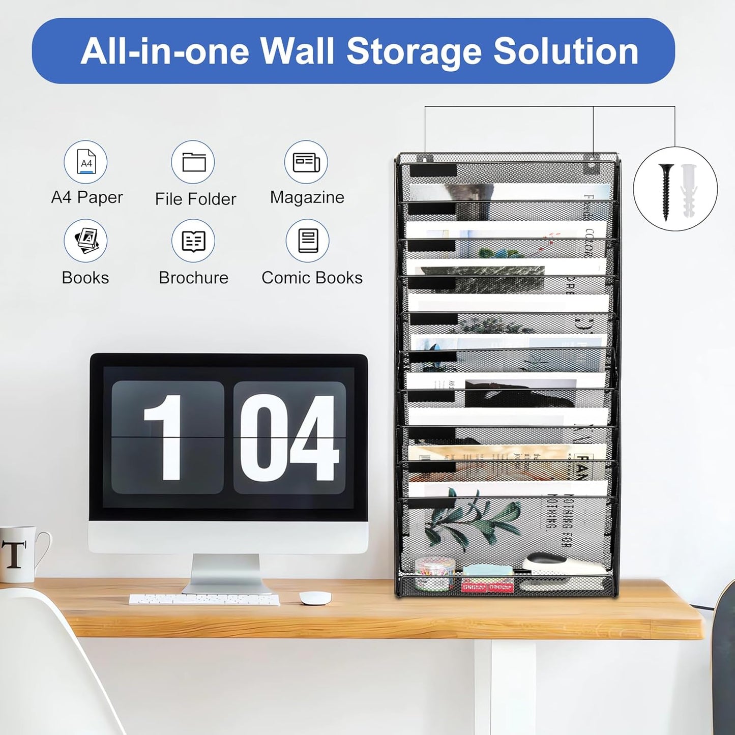 EasyPAG 11 Tier Wall File Holder with Flat Tray, Black | Easy Assemble Mesh Desk File Organizer | 10-Folder Paper Storage | Replaceable Classify Labels | Space Saving Mail Organizer for Office Home