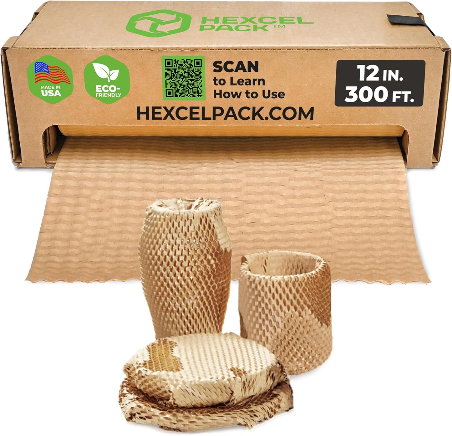 HexcelWrap Mini - Honeycomb Packing Paper, Eco-Friendly, Sustainable Paper Bubble Wrap for Shipping & Moving, Cushioned Packing Material in Dispenser - Natural, Pallet of 112, 12" x 300'