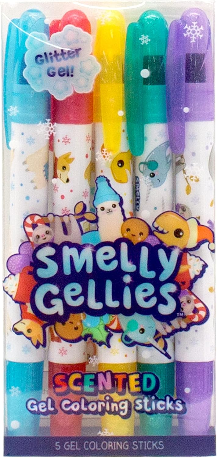Holiday Smelly Gellies - Patented Gourmet Scented Glidewrite Glitter Gel Coloring Sticks, Crayons, Highlighters - 5 Count - Gifts for Kids, Stocking Stuffer