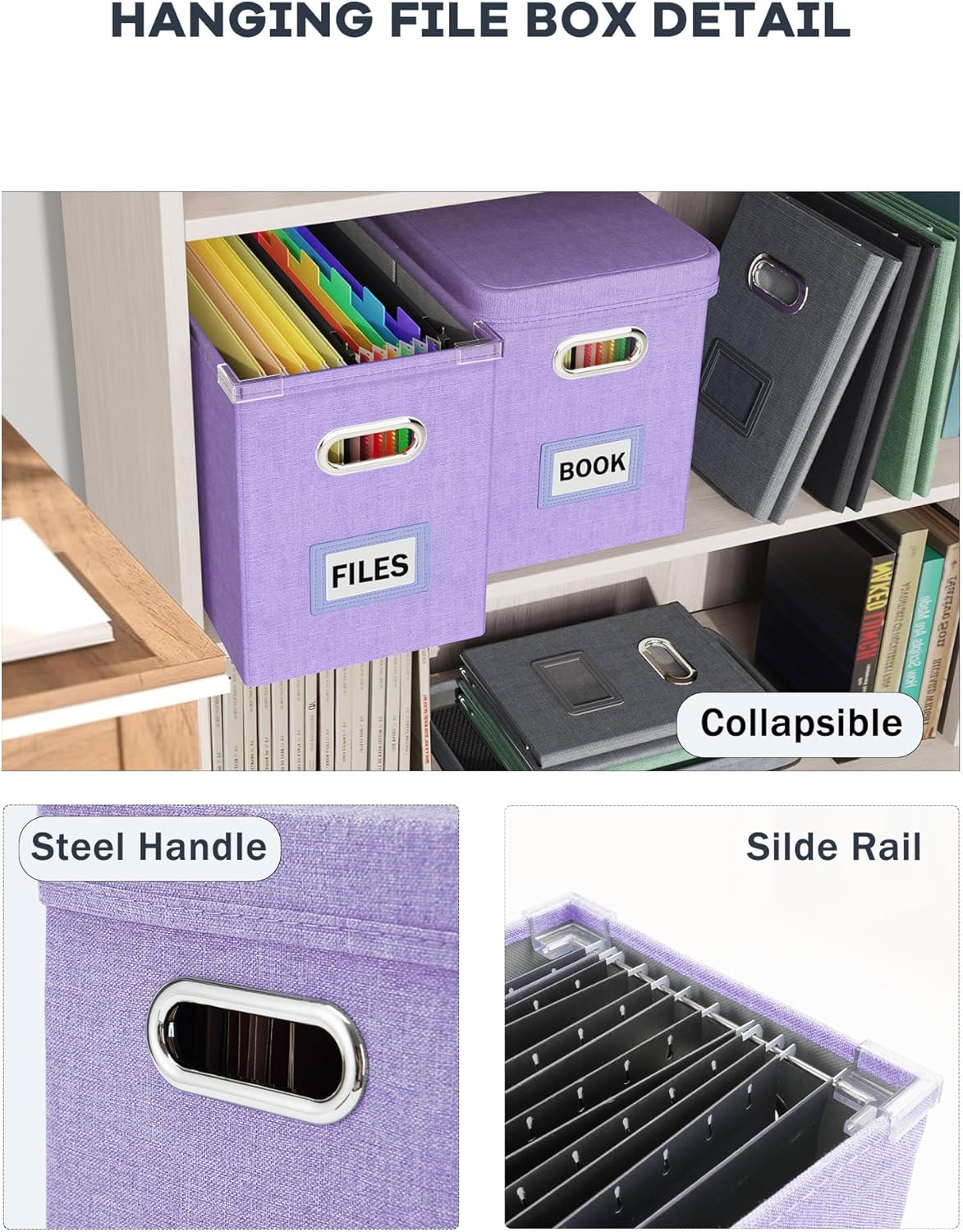 Oterri File Organizer Box with Lid, Hanging Filing File Box with Mesh Pocket, Document Organizer Box for Letter Files, Portable Storage Box with Smooth Sliding Rail for Office&Home (1 PCS, Lavender)