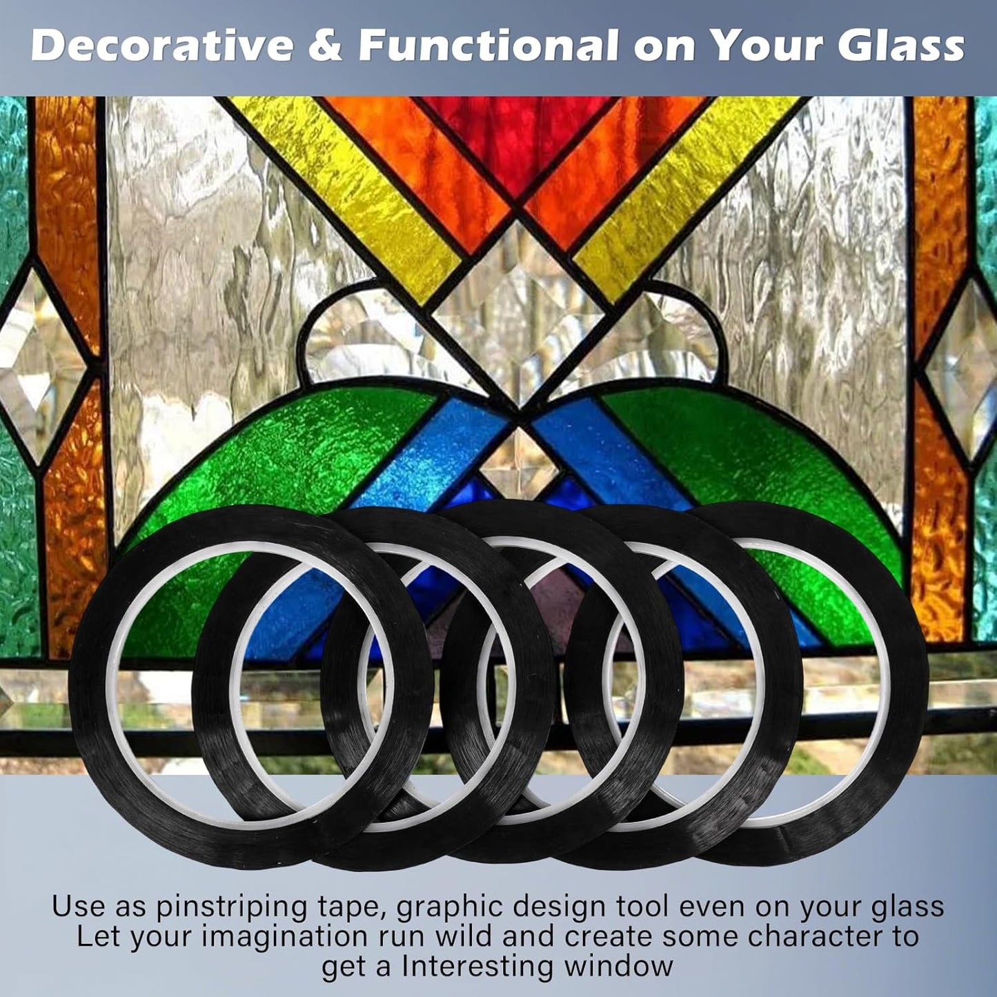 5PCS Whiteboard Tape Black Pinstripe Tape Stained Glass Paint Lead Line for DIY Glass Painting Surface Gallery Window 3mm Width 131FT Long