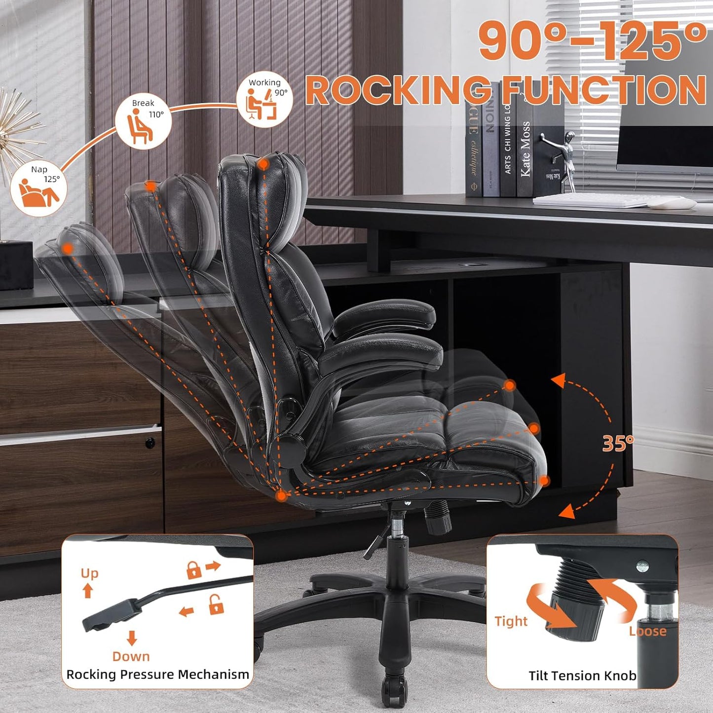 Big and Tall Office Chair 500lbs Wide Seat Executive Office Desk Chair High-Back Office Task Chair with Flip-Up Armrest, Ergonomic Lumbar Support Computer Office Chairs for Heavy People(Black)