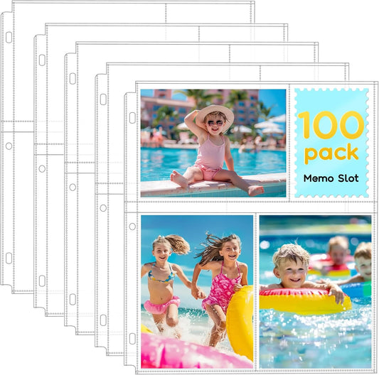 100 Pack 4x6 Photo Sleeves for 3 Ring Binder - 600 Photos, Clear Album Refill Pages, Acid Free Plastic Archival Protector Sleeves, Pages Sheets for 8.5x11 Binder