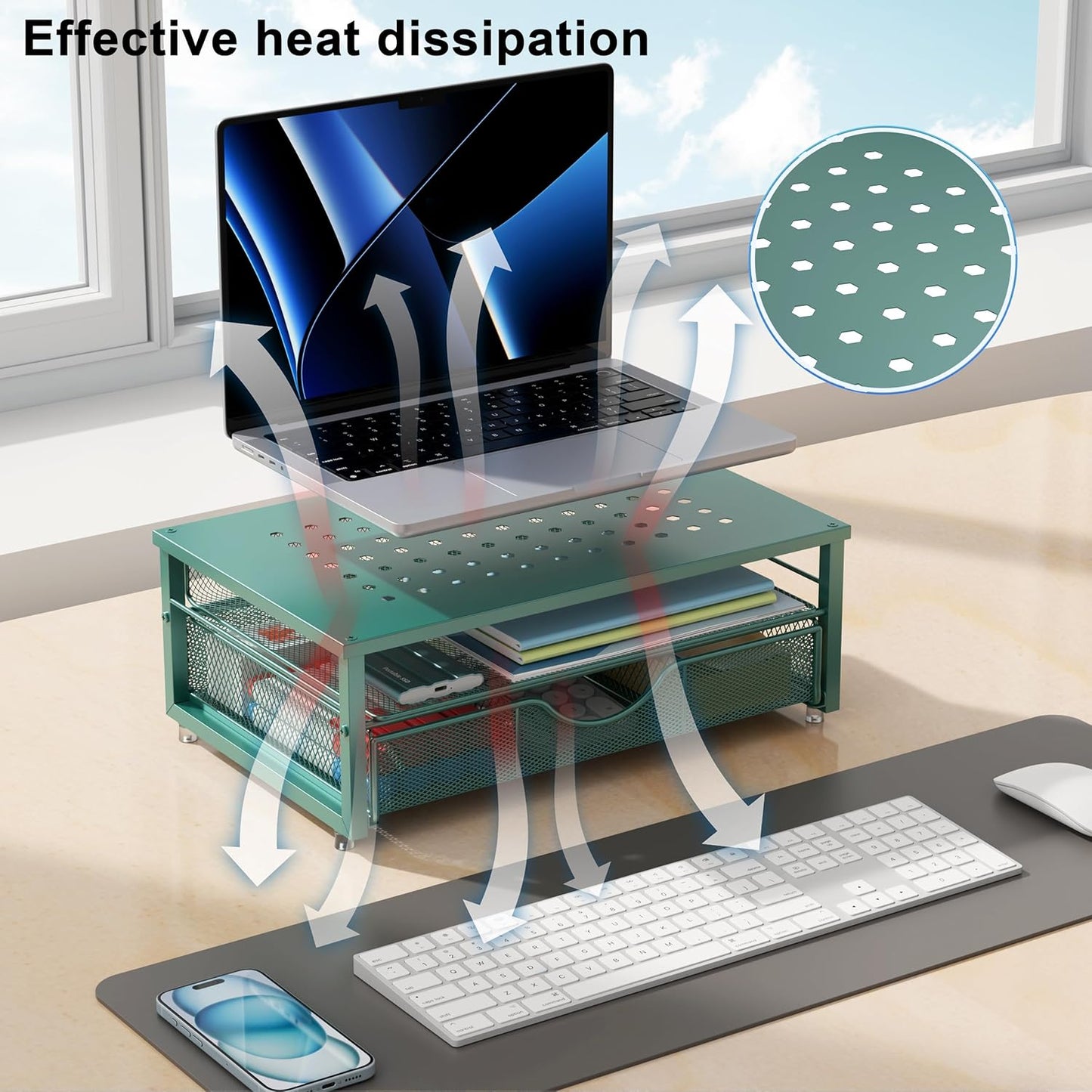 gianotter Computer Monitor Stand Riser, office organizer with Drawer, Office Organizers Storage for Classroom Office Supplies (Dark Green)