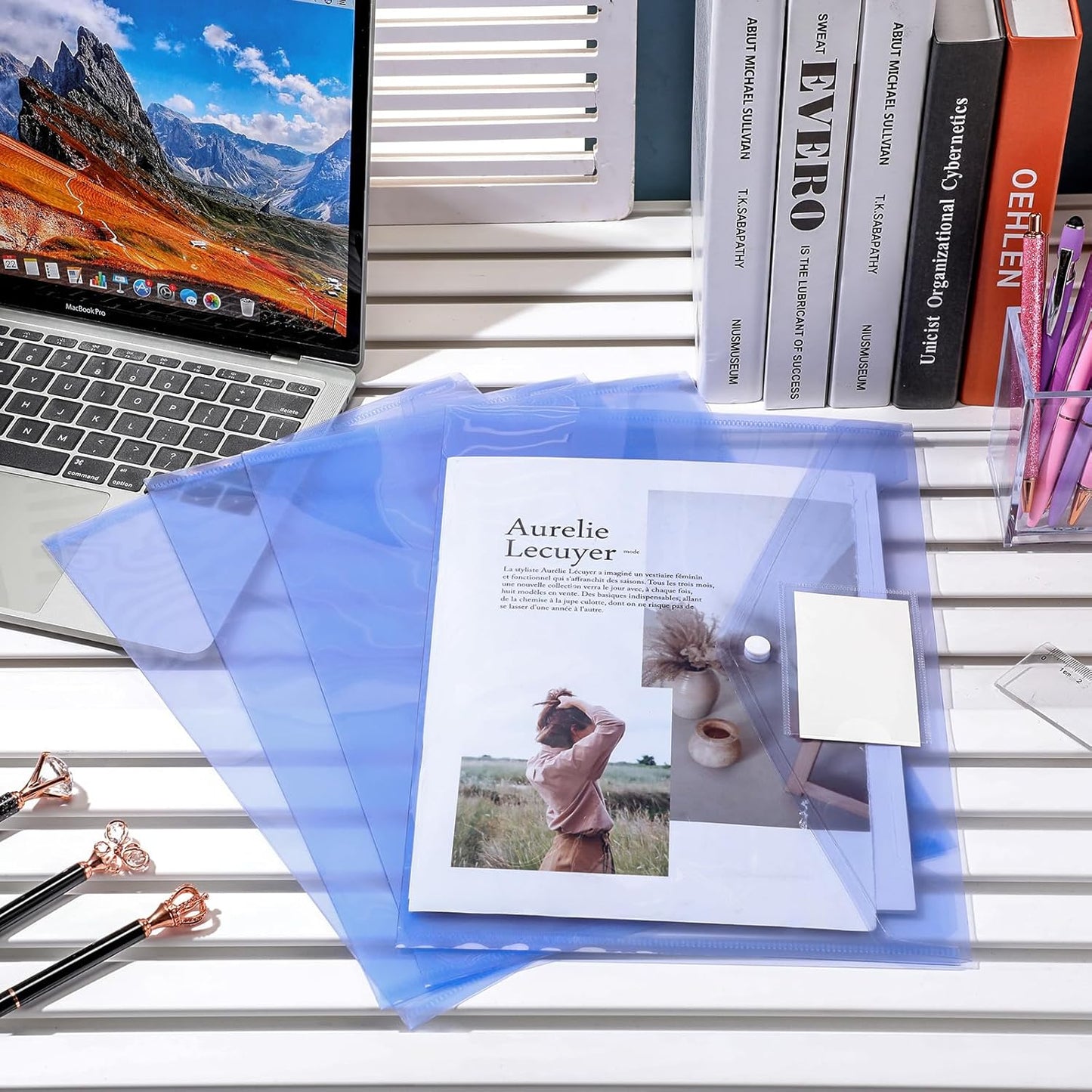 Yeaqee 50 Pcs Plastic Envelopes Poly Envelopes File Folders with Snap Button Closure Clear Folders for Documents US Letter A4 Size Filing Holder with Label Pocket for Home Office School(Blue)