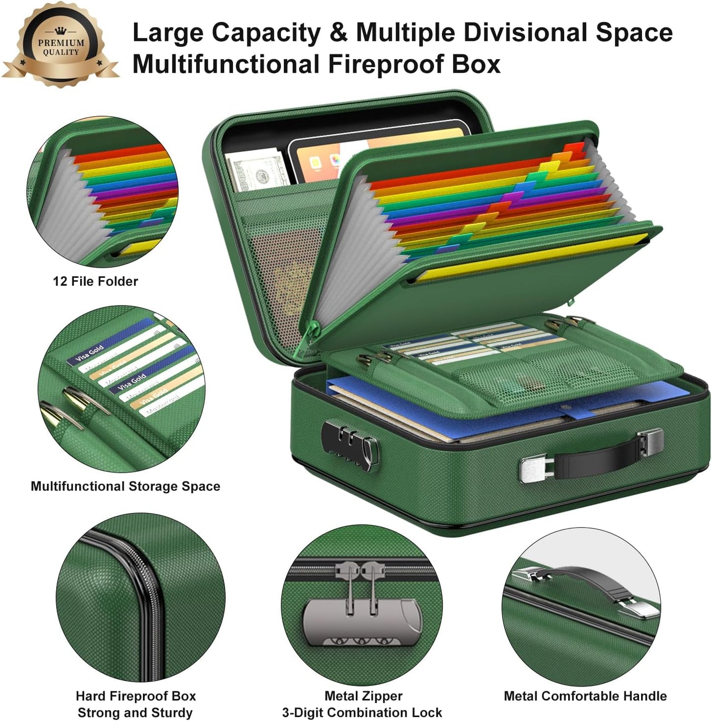 Fireproof Document Folder, Hard Fireproof Waterproof Document Box with Lock Creative Hard-Shell Design Fireproof Document Box for Important Documents Certificates Laptop Passports Green