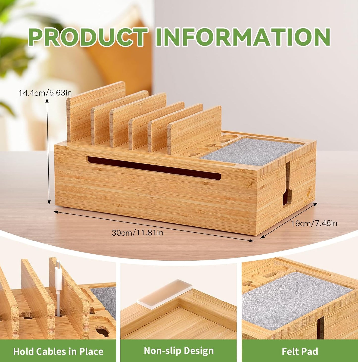 Pezin & Hulin Bamboo Charging Station, Electronic Devices Organizer for Multiple Devices Charger Such As Cell Phone, Tablet, Watch and More, Natural, (No USB Charger and Cables)